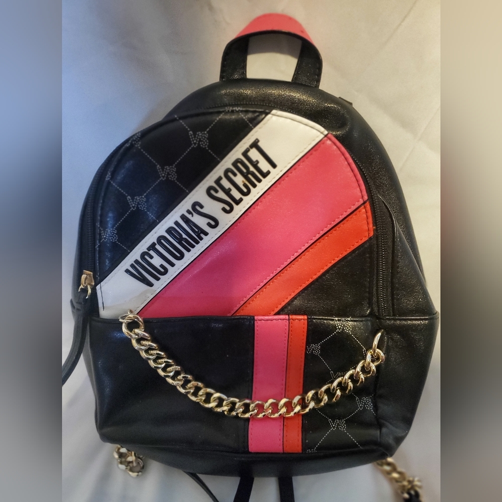 Victoria's Secret Black and Pink Backpack with Quilted Texture and Gold Hardware